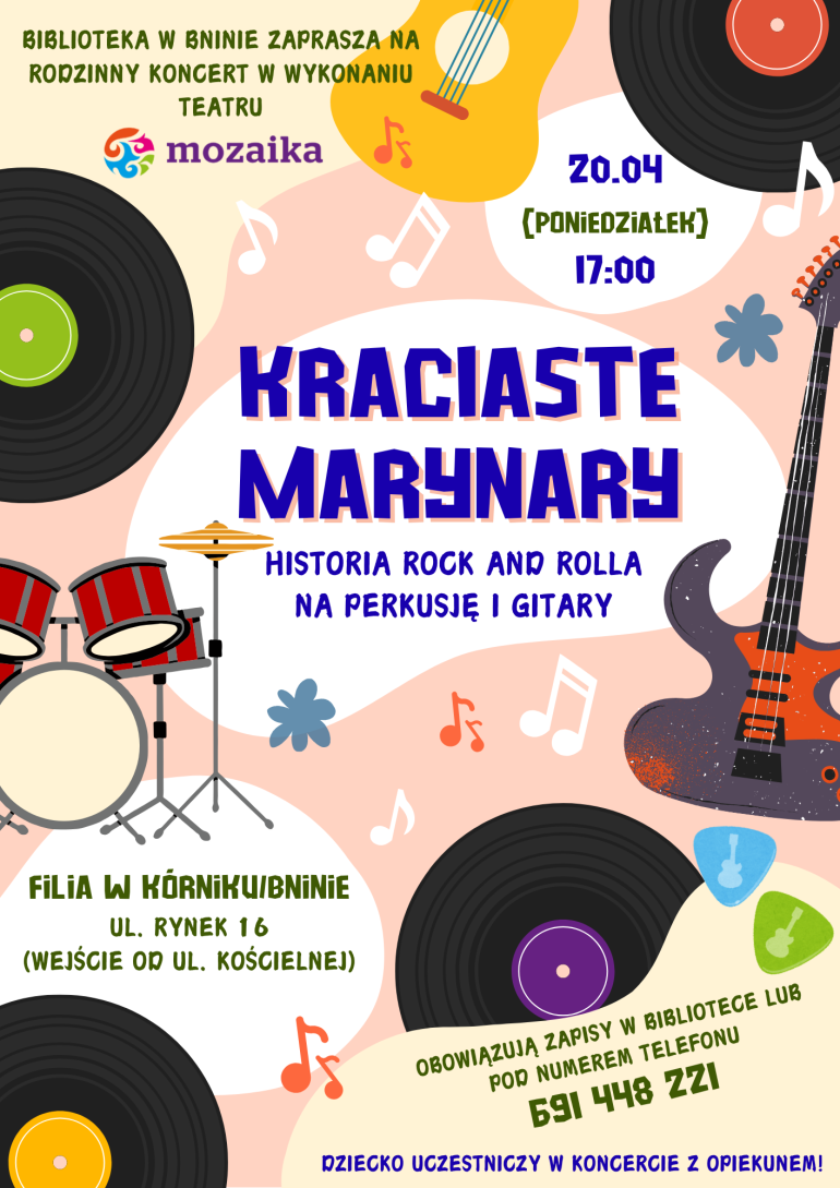 Plakat informujący o koncercie w bibliotece w Bninie