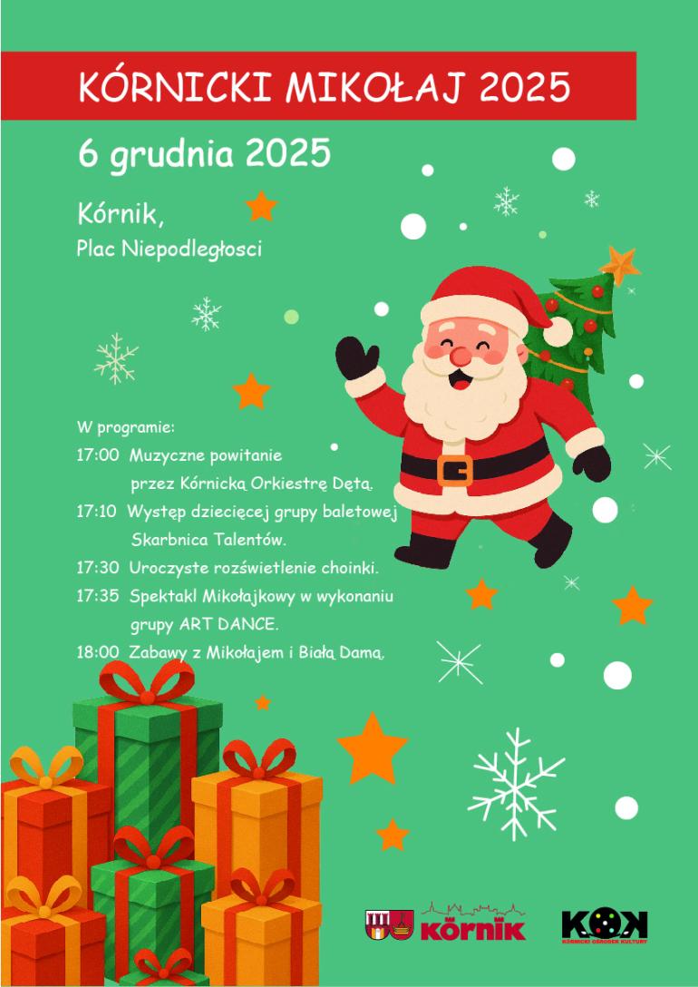 Na grafice widać Mikołaja z choinką, u dołu obrazu prezenty. 