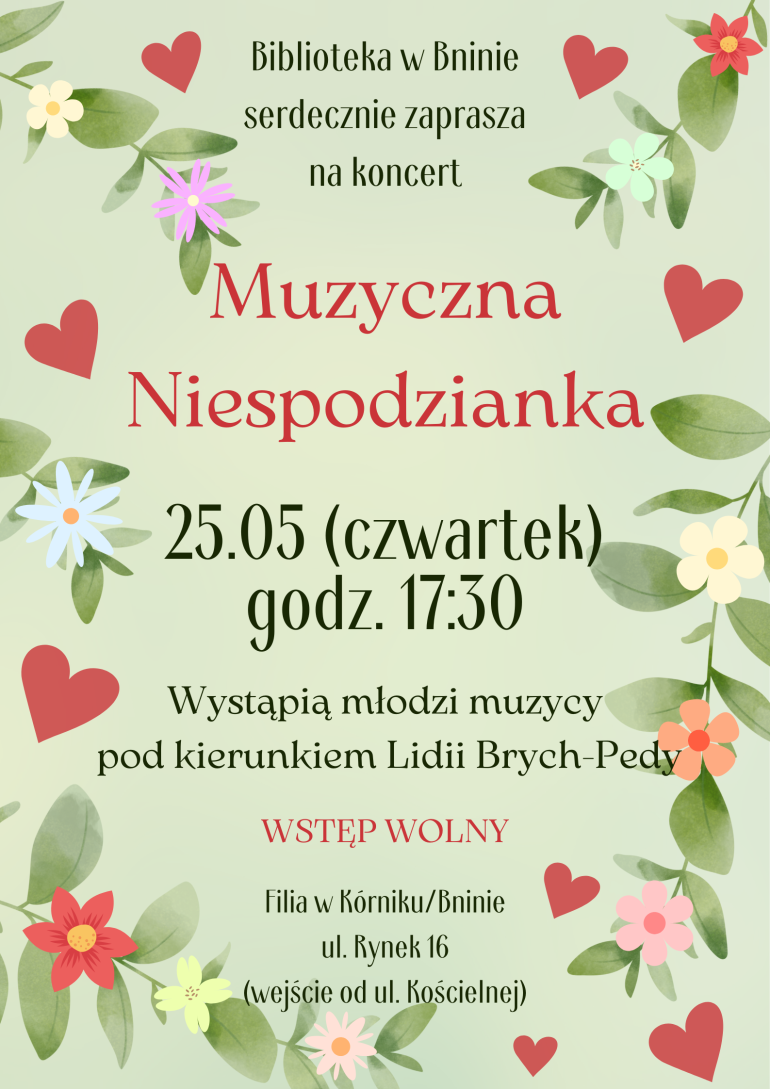 Plakat informacyjny koncertu w wykonaniu młodych muzyków w bibliotece w Bninie