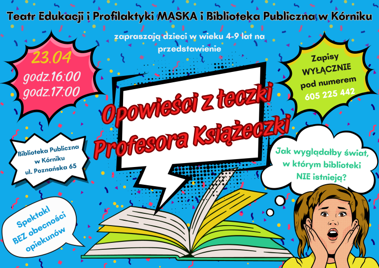 Plakat informacyjny o przedstawieniu dla dzieci w Bibliotece Publicznej w Kórniku