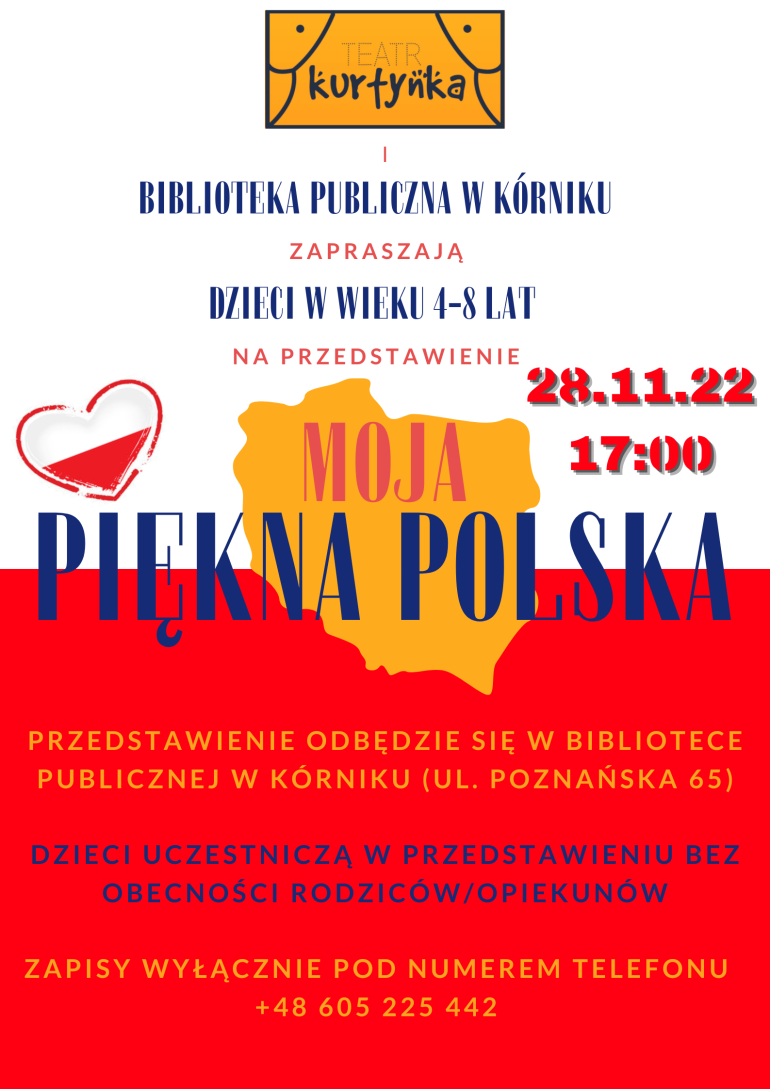 Plakat promocyjny przedstawienie dla dzieci w Bibliotece Publicznej w Kórniku