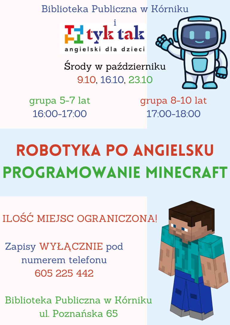 Plakat informacyjny zajęć z robotyki w Bibliotece Publicznej w Kórniku