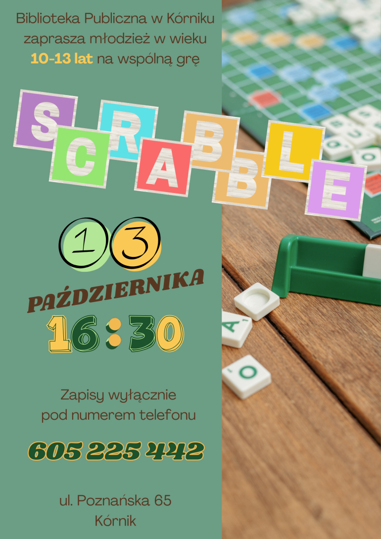 Plakat informacyjny spotkania przy grach planszowych w bibliotece w Kórniku