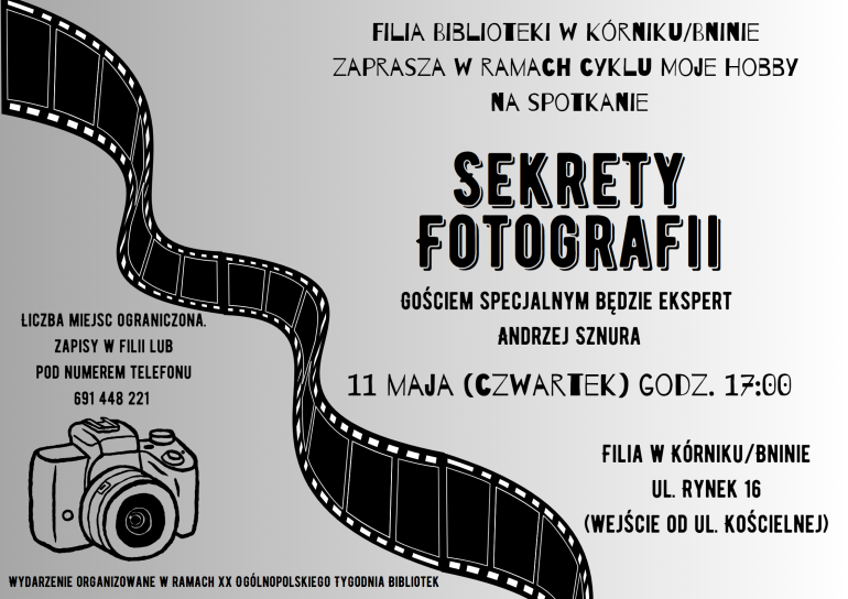 Plakat informujący o spotkaniu z fotografem w Filii w Kórniku/Bninie