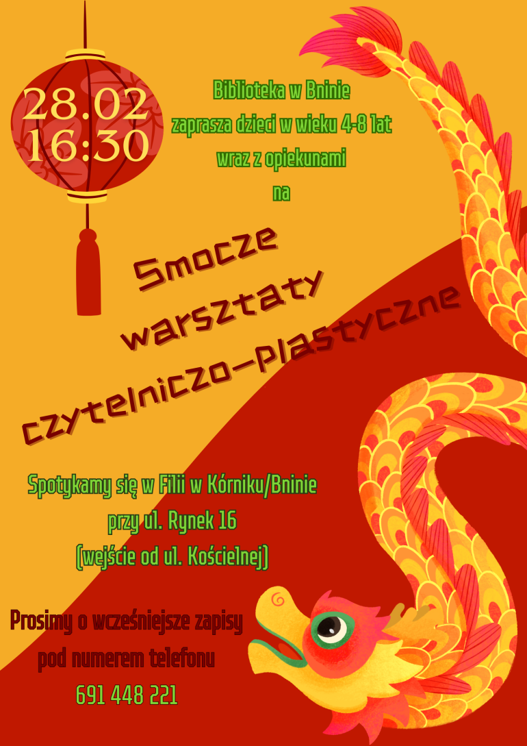 Plakat warsztatów dla dzieci i rodziców w bibliotece w Bninie