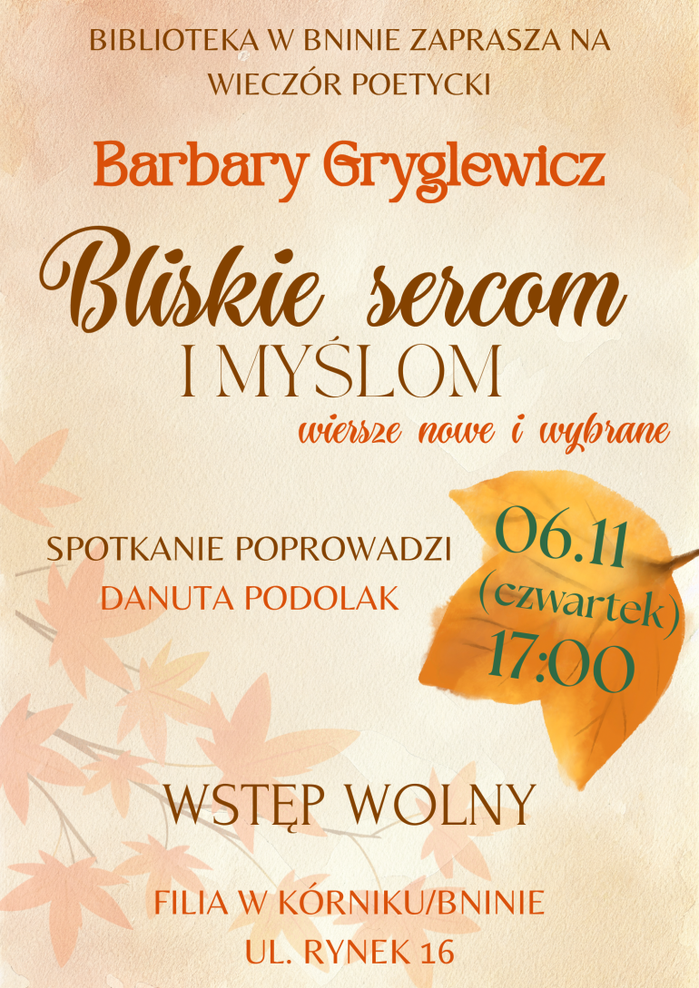 Plakat informacyjny wieczoru poetyckiego w bibliotece w Bninie