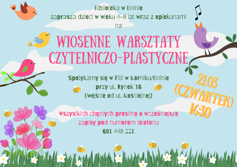 Plakat warsztatów dla dzieci i rodziców w bibliotece w Bninie