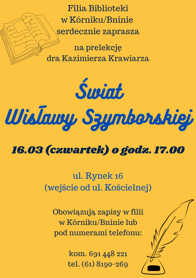 Plakat promujący prelekcję o Wisłąwie Szymborskiej w filii w Kórniku/Bninie.