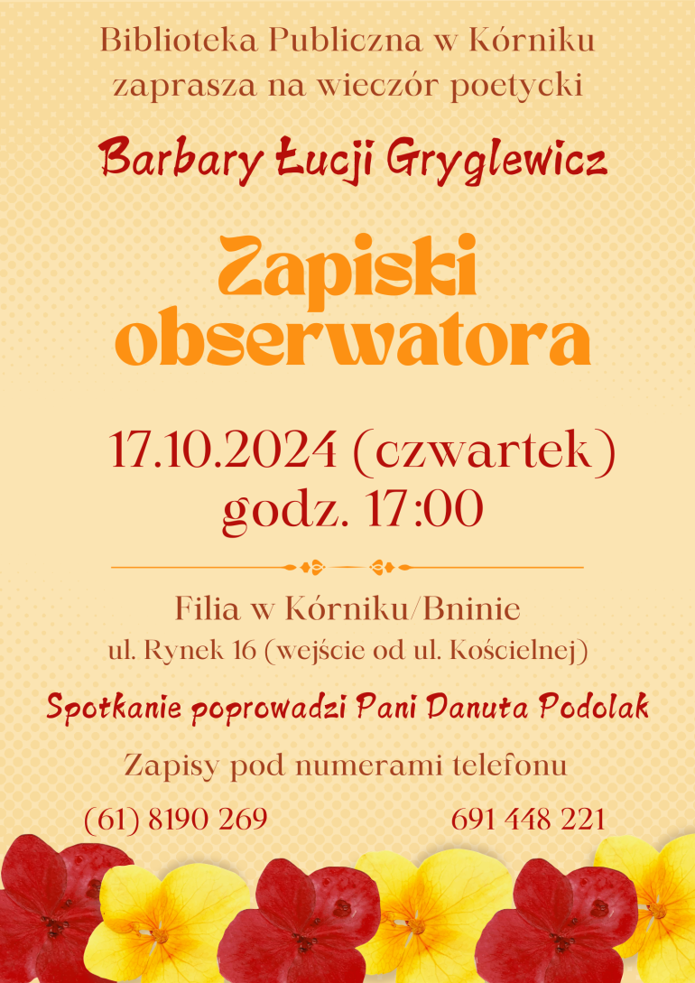 Plakat informacyjny wieczoru poetyckiego w bibliotece w Bninie