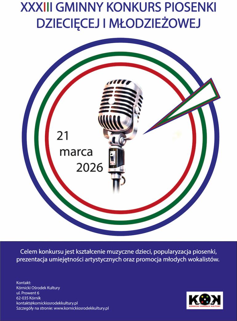 Kolorowe logo z mikrofonem na środku plakatu. Poniżej i powyżej znaku test informacyjny.