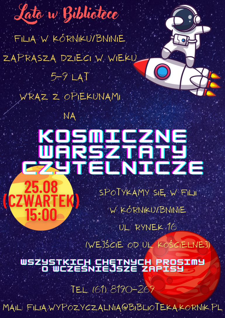 Na plakacie widnieje przestrzeń kosmiczna, dwie planety i astronauta surfujący na rakiecie oraz informacje na temat wydarzenia.