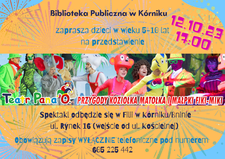 Plakat informujący o przedstawieniu dla dzieci w bibliotece w Bninie