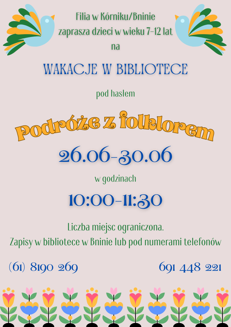 Plakat promocyjny wakacyjnych zajęć w bibliotece w Bninie
