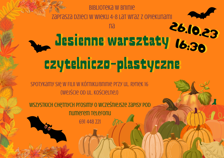 Plakat informacyjny jesiennych warsztatów czytelniczo-plastycznych w bibliotece w Bninie