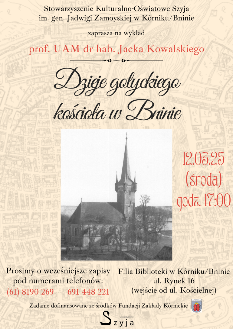 Plakat informacyjny wykładu w bibliotece w Bninie